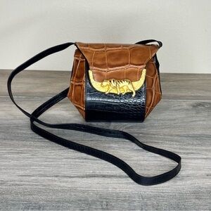 Yael for L. R. Bag Inc. Croc-Embossed Crossbody Bag with Gold Tiger Accent